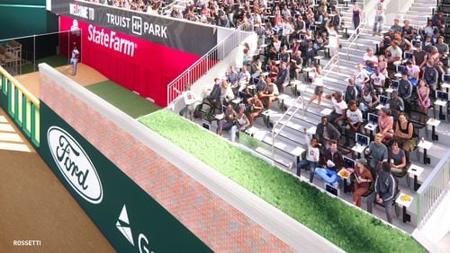 An artist rendering of The Bullpen, a premium seating option coming to Truist Park in 2025, will be located in sections 152-155 and include exclusive access to a private lounge located underneath the seats.