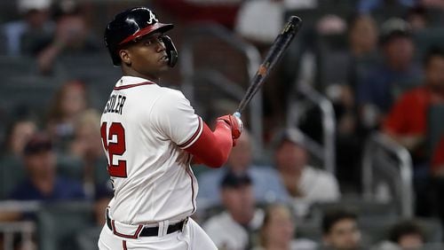 Braves' Jorge Soler swings for an RBI double in the fifth inning against the Miami Marlins Saturday, Sept. 11, 2021, at Truist Park in Atlanta. (Ben Margot/AP)