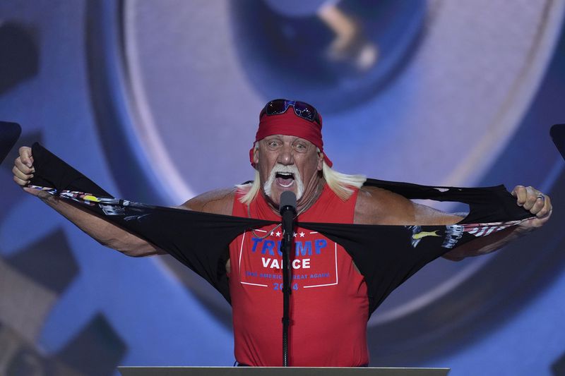 FILE - Hulk Hogan tears off his shirt while speaking on the final night of the Republican National Convention on Thursday, July 18, 2024, in Milwaukee. (AP Photo/J. Scott Applewhite, File)