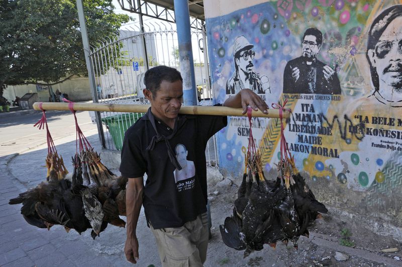 A chicken vendor walks past a mural of Nobel Peace Prize winner Bishop Carlos Ximenes Belo, center, with his quote that says: "We gained freedom, but we lost moral," in Dili, East Timor, Wednesday, Aug. 14, 2024. (AP Photo/Achmad Ibrahim)