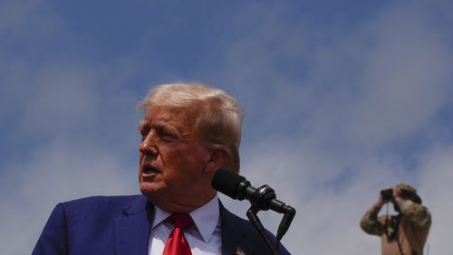 Republican presidential nominee former President Donald Trump speaks during a campaign rally at North Carolina Aviation Museum, Wednesday, Aug. 21, 2024, in Asheboro, N.C. (AP Photo/Julia Nikhinson)