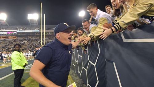 Georgia Tech head coach Geoff Collins celebrates the victory over North Carolina State at Bobby Dodd Stadium on Thursday, November 21, 2019. Georgia Tech won 28-26. (Hyosub Shin / Hyosub.Shin@ajc.com)