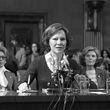 Rosalynn Carter testifies on behalf of the President’s Commission on Mental Health before the Senate Subcommittee on Health and Scientific Research of the Committee on Labor and Human Resources on Feb. 7, 1979. She was the second first lady to appear before Congress. (Jimmy Carter Library)