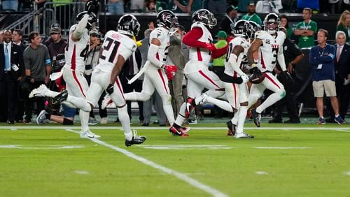 Atlanta Falcons safety Jessie Bates III (3) reacts to intercepting a pass during the second half of an NFL football game against the Philadelphia Eagles on Monday, Sept. 16, 2024, in Philadelphia. (AP Photo/Matt Slocum)