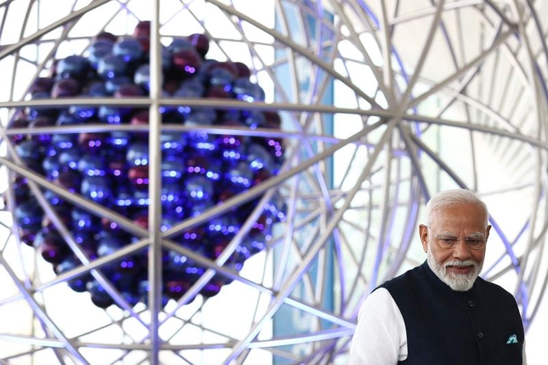 Indian Prime Minister Narendra Modi visits Atom pavilion at the Exhibition of Achievements of National Economy (VDNKh) in Moscow, Russia, Tuesday, July 9, 2024. (Artyom Geodakyan, Sputnik, Kremlin Pool Photo via AP)