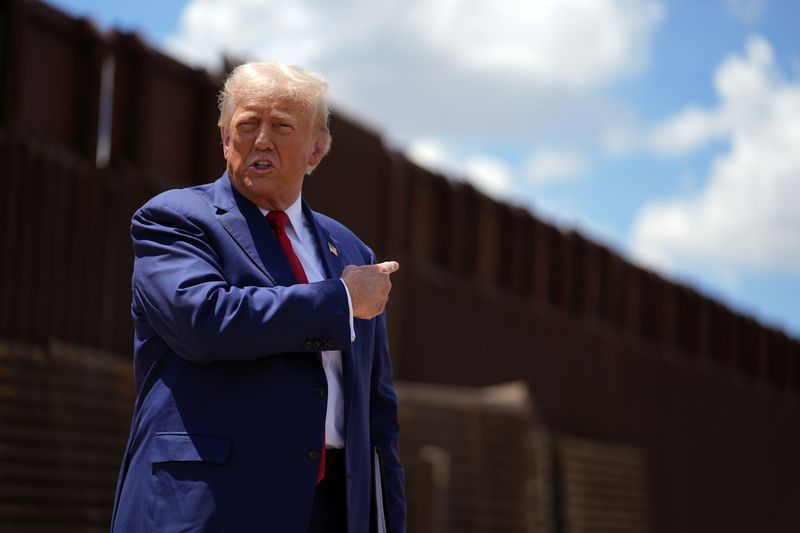 Republican presidential nominee former President Donald Trump tours the southern border with Mexico, Thursday, Aug. 22, 2024, in Sierra Vista, Ariz. (AP Photo/Evan Vucci)