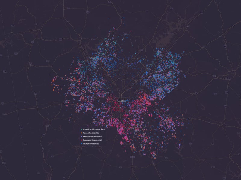 The Journal-Constitution's analysis in early 2023 found that more than 65,000 single-family homes were owned by investors. This map shows where some of the largest investors owned homes.