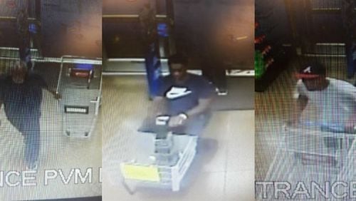 Atlanta police are asking for the public’s help to identify the three men shown in these surveillance images accused of stealing $12,000 worth of merchandise from two local Kroger stores.