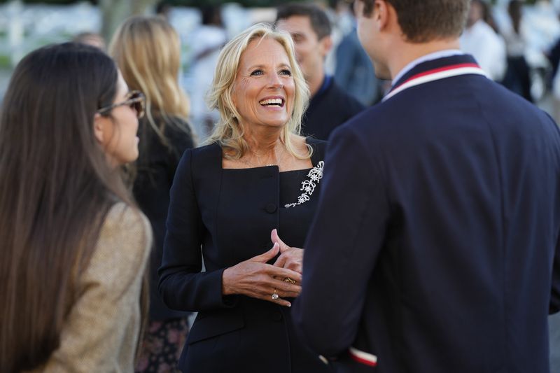 First Lady of the United States, Dr. Jill Biden attends the Ralph Lauren Spring/Summer 2025 fashion show as part of New York Fashion Week on Thursday, Sept. 5, 2024, at Khalily Stables in Bridgehampton, N.Y. (Photo by Charles Sykes/Invision/AP)