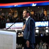 Republican vice presidential candidate Sen. JD Vance speaks during the third day of the Republican National Convention, Wednesday, July 17, 2024, in downtown Milwaukee, WI. (Hyosub Shin / AJC)