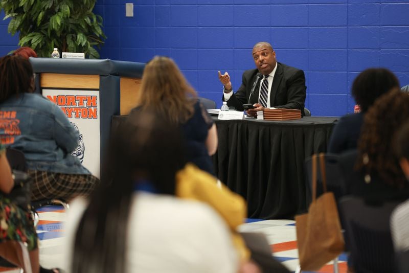 Clayton County Schools Superintendent Morcease Beasley (center) talks during a meeting on gun violence and school safety in Clayton County Schools at North Clayton Middle School on Tuesday, May 3, 2022, in College Park. (Branden Camp for The Atlanta Journal-Constitution)