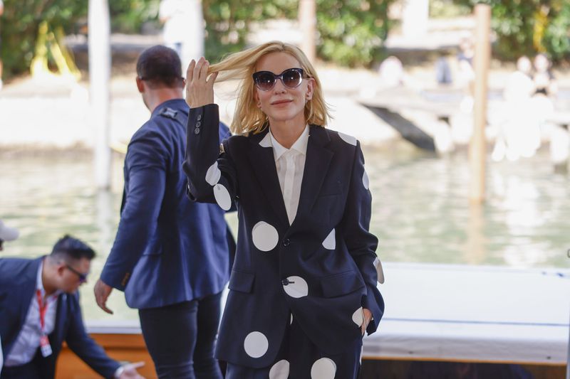 Cate Blanchett poses for photographers upon arrival for the press conference of the television series 'Disclaimer' during the 81st edition of the Venice Film Festival in Venice, Italy, on Thursday, Aug. 29, 2024. (Photo by Vianney Le Caer/Invision/AP)