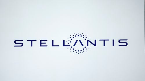 FILE - A Stellantis logo is shown at the North American International Auto Show, Sept. 13, 2023, in Detroit. (AP Photo/Paul Sancya, File)