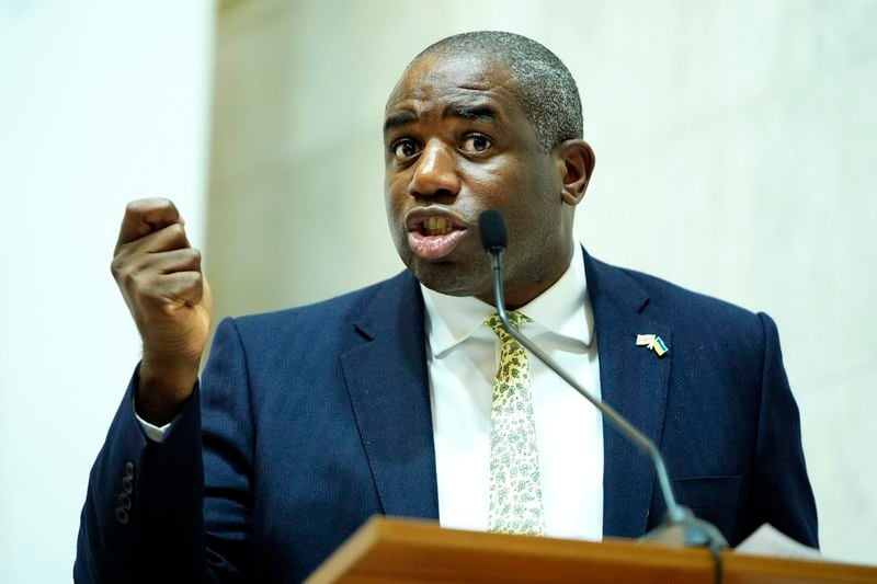 Britain's Foreign Secretary David Lammy, speaks during a joint news conference with Ukraine's Foreign Minister Andriiy Sybiha and U.S. Secretary of State Antony Blinken at the Ministry of Foreign Affairs in Kyiv, Ukraine, Wednesday, Sept. 11, 2024. (AP Photo/Mark Schiefelbein, Pool)