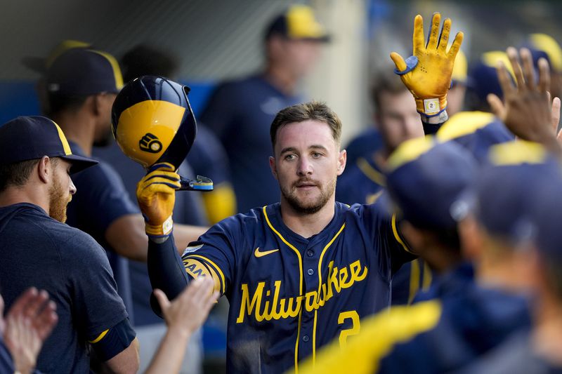Milwaukee Brewers' Brice Turang celebrates his solo home run during the fifth inning of a baseball game against the Los Angeles Angels on Monday, June 17, 2024, in Anaheim, Calif. (AP Photo/Ryan Sun)