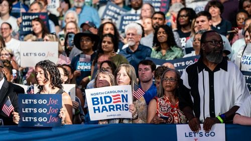 Supporters listen as President Joe Biden speaks at a reelection campaign rally in Raleigh, N.C., on Friday, June 28, 2024, one day after his debate with former President Donald Trump. A pair of memos sent out by the Biden campaign on Wednesday, July 3, 2024, highlighted internal polling that shows a close race and strong fund-raising in an attempt to quiet fears about Biden’s candidacy. (Haiyun Jiang/ The New York Times)