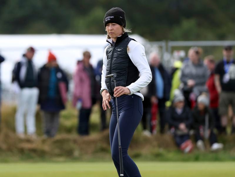 United States' Nelly Korda is seen on the 3rd green during the third round of the Women's British Open golf championship, in St Andrews, Scotland Saturday, Aug. 24, 2024. (AP Photo/Scott Heppell)