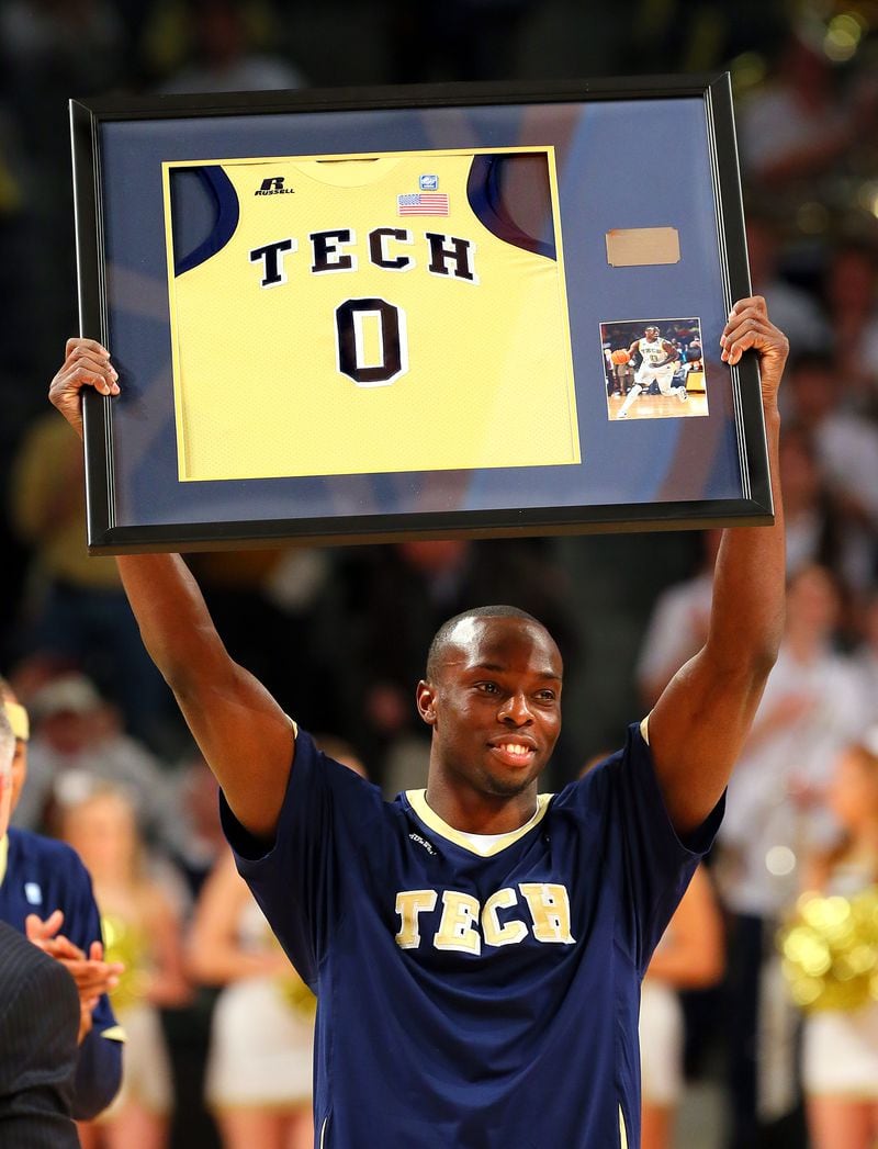Georgia Tech senior Mfon Udofia, Stone Mountain, is presented his jersey on senior night in the final home game of the year against the NC State Wolfpack.