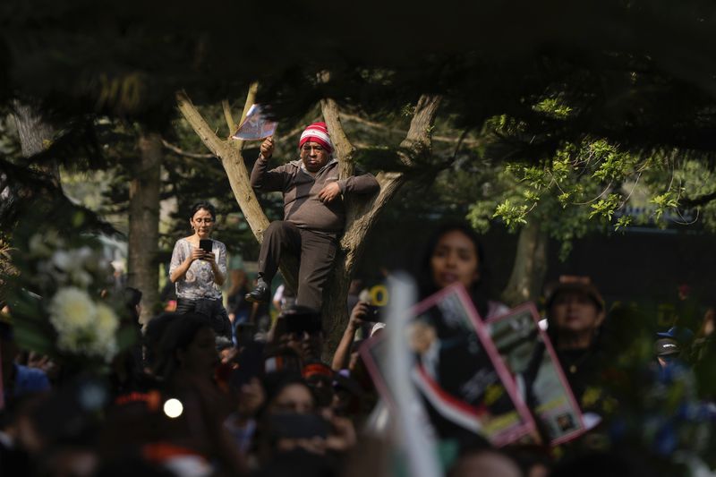 People attend the funeral of former President Alberto Fujimori n Lima, Peru, Saturday, Sept. 14, 2024. (AP Photo/Guadalupe Pardo)