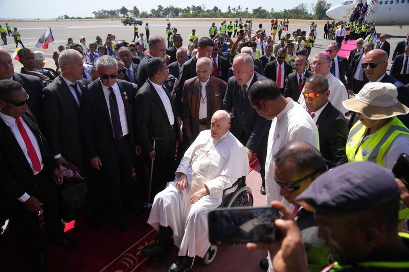 Pope Francis arrives at Dili Presidente Nicolau Lobato International Airport in Dili, East Timor, Monday, Sept. 9, 2024. (AP Photo/Dita Alangkara)