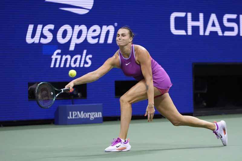 Aryna Sabalenka, of Belarus, returns a shot to Jessica Pegula, of the United States, during the women's singles final of the U.S. Open tennis championships, Saturday, Sept. 7, 2024, in New York. (AP Photo/Frank Franklin II)