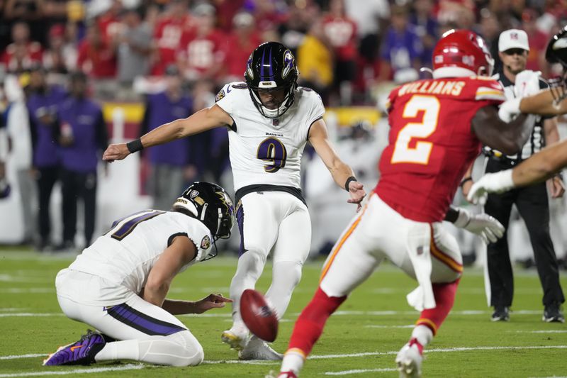 Baltimore Ravens kicker Justin Tucker (9) makes a 25-yard field goal during the first half of an NFL football game against the Kansas City Chiefs Thursday, Sept. 5, 2024, in Kansas City, Mo. (AP Photo/Ed Zurga)