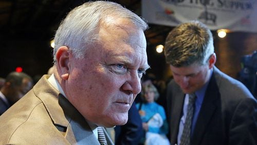 011214 ATLANTA: Governor Nathan Deal takes questions from the media during the Wild Hog Supper, the traditional non-official kickoff of the legislative session at the Georgia Railroad Freight Depot on Sunday, Jan. 12, 2014, in Atlanta. CURTIS COMPTON / CCOMPTON@AJC.COM