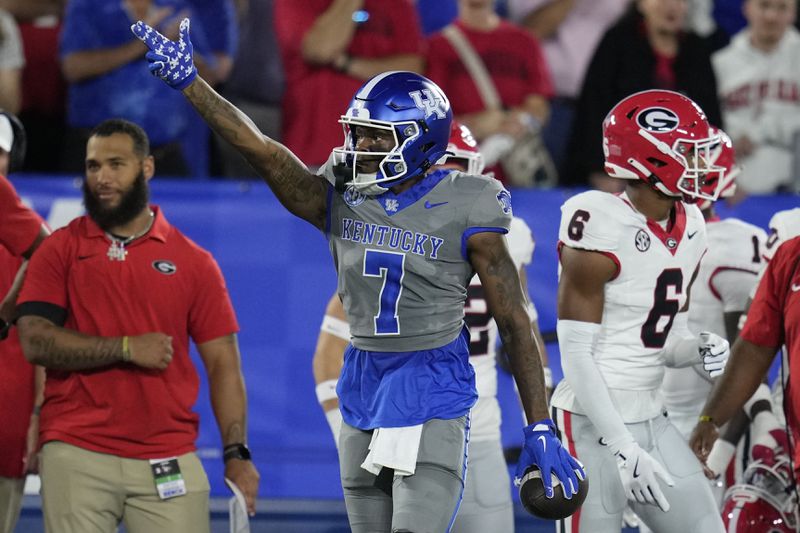 Kentucky wide receiver Barion Brown (7) reacts after making a catch during the first half of an NCAA college football game against Georgia, Saturday, Sept. 14, 2024, in Lexington, Ky. (AP Photo/Darron Cummings)