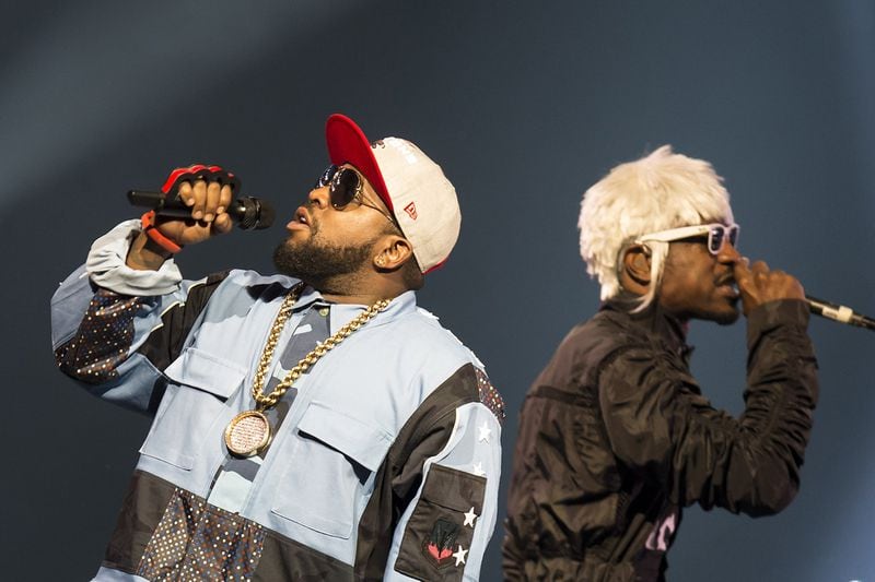 Antwan “Big Boi” Patton (left) and Andre “Andre 3000” Benjamin of Outkast perform at the 48th Montreux Jazz Festival, in Montreux, Switzerland, on July 9, 2014. They’re about to do three sold-out shows (Sept. 26-28) at Centennial Olympic Park. CONTRIBUTED BY AP PHOTO / KEYSTONE, JEAN-CHRISTOPHE BOTT