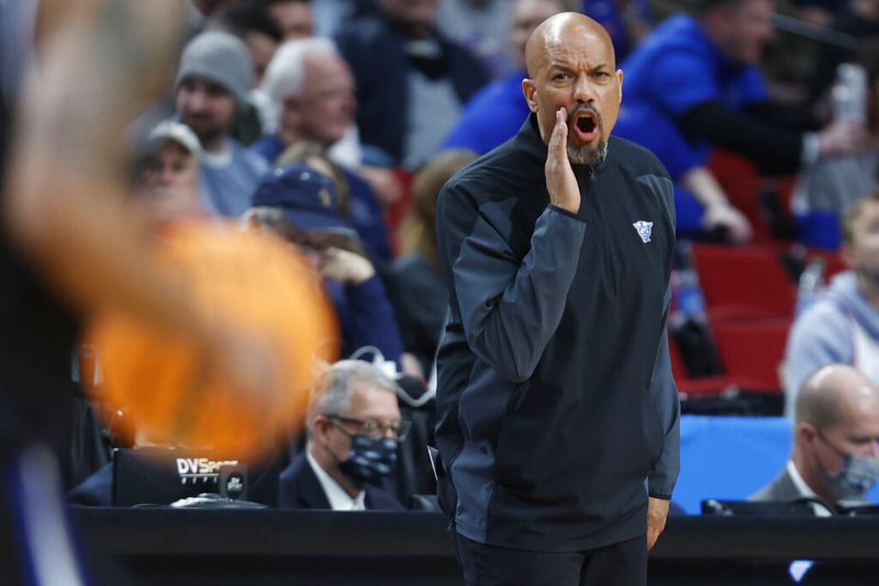 Georgia State head coach Rob Lanier calls to his team during the second half of a first round NCAA college basketball tournament game against Gonzaga, Thursday, March 17, 2022, in Portland, Ore. (AP Photo/Craig Mitchelldyer)