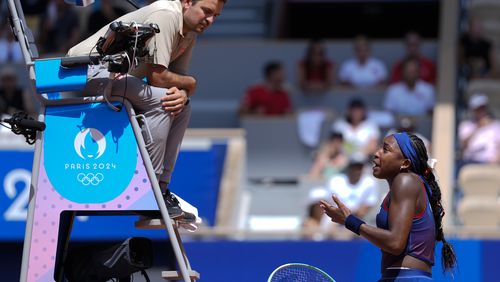 Coco Gauff of United States argues with umpire during her women's singles third round match against Donna Vekic of Croatiathe, at the 2024 Summer Olympics, Tuesday, July 30, 2024, at the Roland Garros stadium in Paris, France. (AP Photo/Andy Wong)