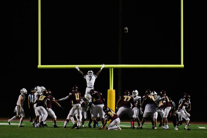 Tucker kicks an extra point during their game against Chamblee, October 6, 2023. (Jamie Spaar for the Atlanta Journal Constitution)