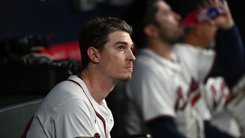 Atlanta Braves pitcher Max Fried (54) watches from the dugout during the seventh inning at Truist Park in Atlanta on Tuesday, April 23, 2024. Atlanta Braves won 5-0 over Miami Marlins. (Hyosub Shin / AJC)