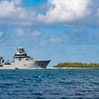 In this image released by New Zealand Defence Force (NZDF), HMNZS Manawanui arrives in Funafuti Lagoon, Tuvalu, on Sept. 7, 2022. (PO Christopher Weissenborn/NZDF via AP)