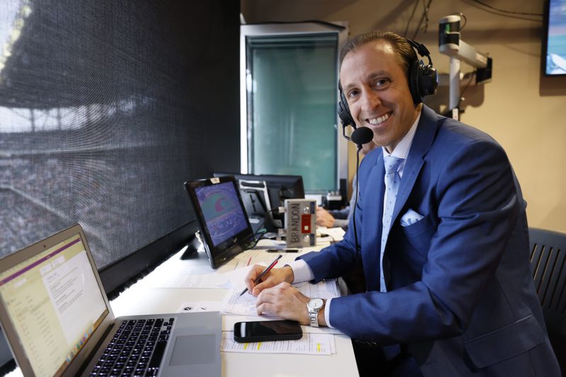 Brandon Gaudin, the team's new play-by-play announcer for Bally Sports South, is seen inside the transmission booth at Truist Park on Thursday, April 6, 2023.
Miguel Martinez /miguel.martinezjimenez@ajc.com