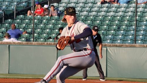 Braves 2023 first-round pick Hurston Waldrep pitches for the Double-A Mississippi Braves May 21, 2024 against the Chattanooga Lookouts at AT&T Field in Chattanooga, Tennessee. (Photo by John Bradford/Chattanooga Lookouts)