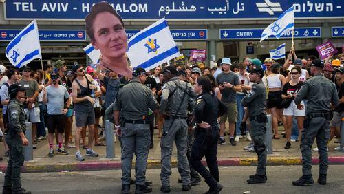 Demonstrators demand a cease-fire deal and the immediate release of hostages held by Hamas in the Gaza Strip after the deaths of six hostages in the Palestinian territory, in Tel Aviv, Israel, on Monday, Sept. 2, 2024. (AP Photo/Ohad Zwigenberg)