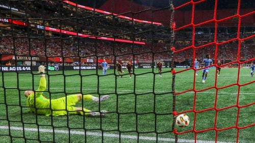 Atlanta United goalkeeper Brad Guzan (1) was unable to stop the ball as New York City forward Talles Magno (43) scored, tying the game with a penalty kick during the second half at Mercedes-Benz Stadium on Wednesday, July 17, 2024.
(Miguel Martinez/ AJC)
