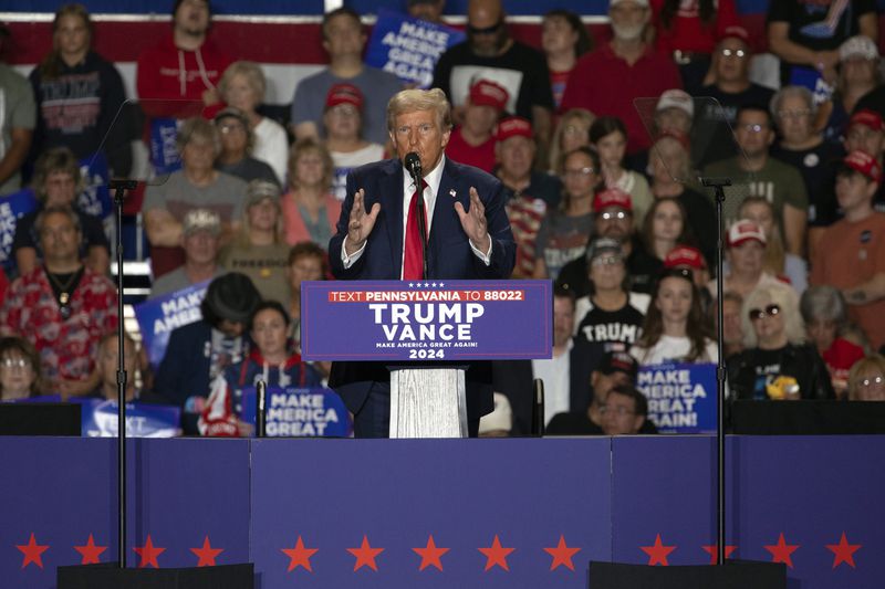 Republican presidential nominee former President Donald Trump speaks during a campaign rally at Bayfront Convention Center in Erie, Pa., Sunday, Sept. 29, 2024. (AP Photo/Rebecca Droke)