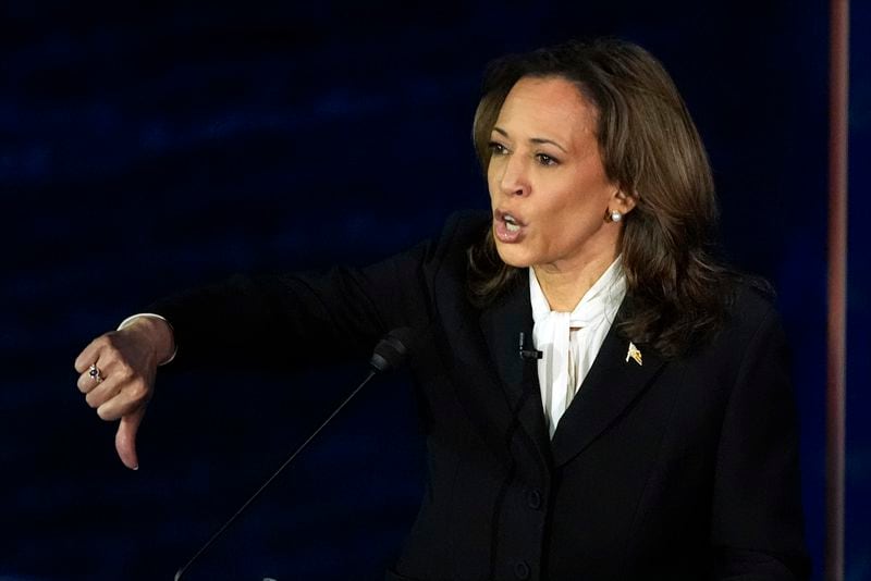 Democratic presidential nominee Vice President Kamala Harris gestures as she speaks during a presidential debate with Republican presidential nominee former President Donald Trump at the National Constitution Center, Tuesday, Sept.10, 2024, in Philadelphia. (AP Photo/Alex Brandon)