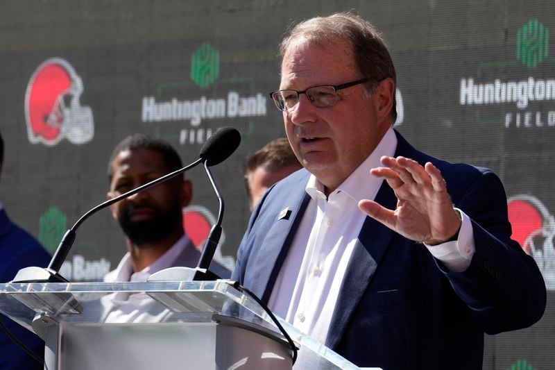 Steve Steinour, Huntington Bank chairman, president and chief executive officer, speaks during an NFL football news conference, announcing that the Cleveland Browns Stadium will now be called Huntington Bank Field, Tuesday, Sept. 3, 2024, in Cleveland. (AP Photo/Sue Ogrocki)