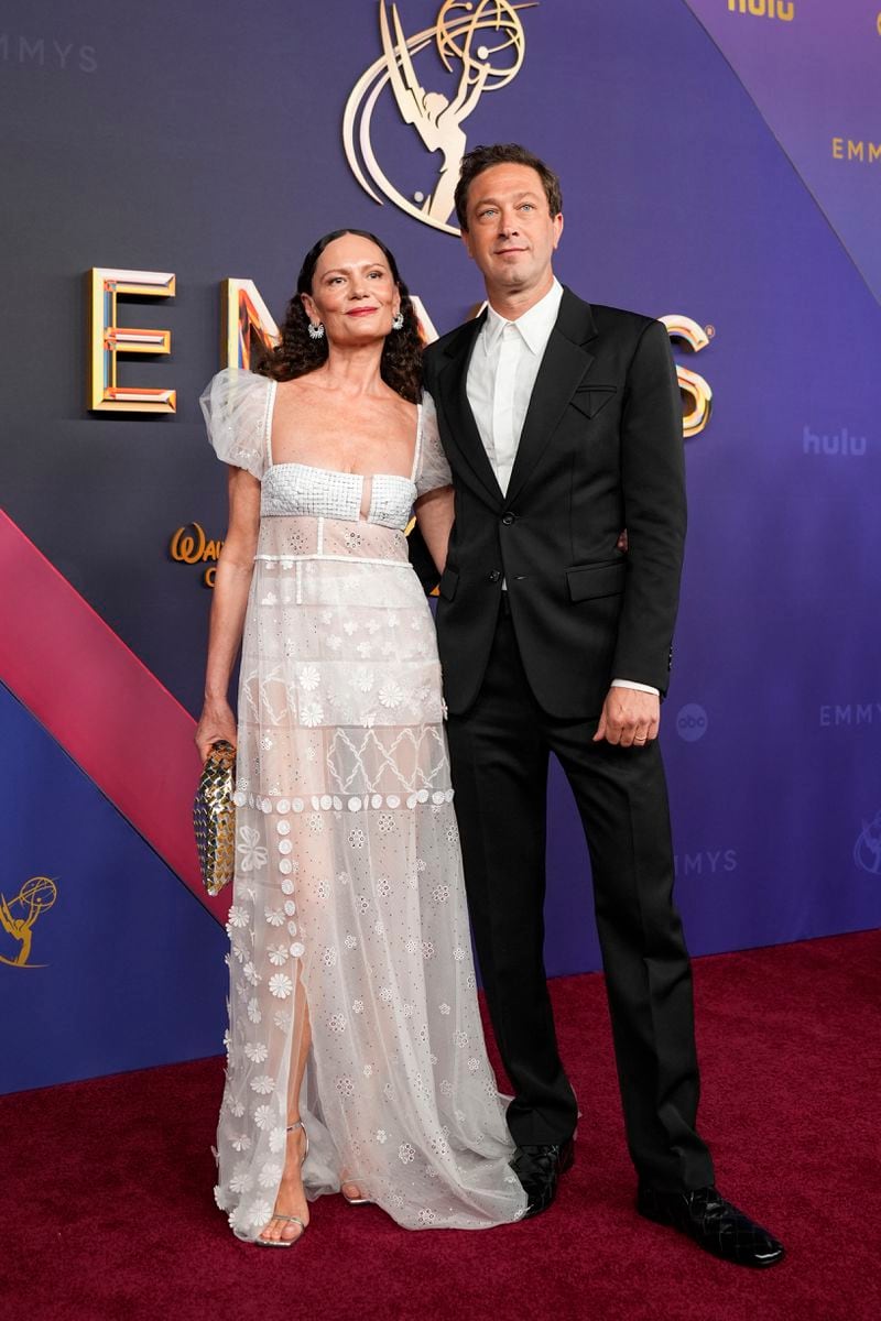 Yelena Yemchuk, left, and Ebon Moss-Bachrach arrive at the 76th Primetime Emmy Awards on Sunday, Sept. 15, 2024, at the Peacock Theater in Los Angeles. (AP Photo/Jae C. Hong)