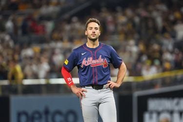 Atlanta Braves’ Matt Olson reacts after lining out to the San Diego Padres during the sixth inning of National League Division Series Wild Card Game Two at Petco Park in San Diego on Wednesday, Oct. 2, 2024.   (Jason Getz / Jason.Getz@ajc.com)