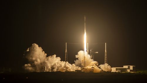 In this photo provided by SpaceX, the SpaceX Falcon 9 rocket, carrying 21 Starlink internet satellites, launches from Cape Canaveral, Fla., on Wednesday, Aug. 28, 2024. (SpaceX via AP)