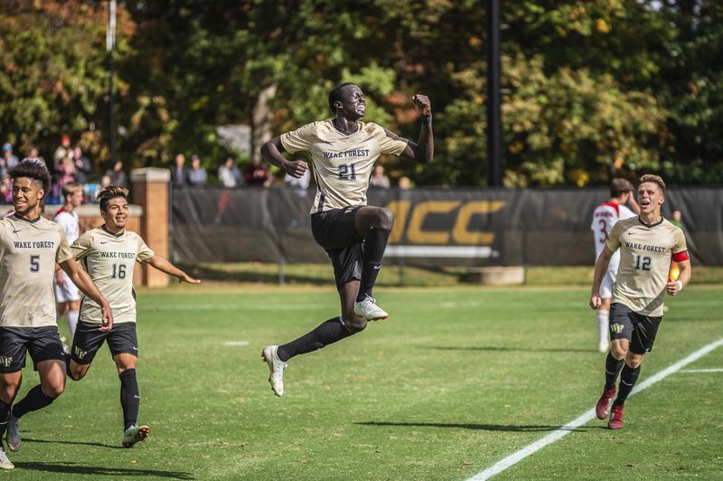 Machop Chol celebrates scoring for Wake Forest in an ACC soccer game. Machop Chol signed a Homegrown contract with Atlanta United.