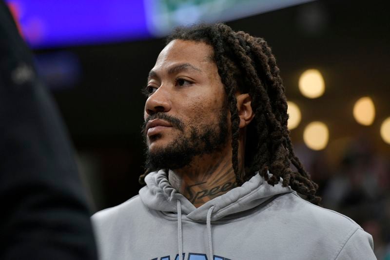 FILE -Memphis Grizzlies guard Derrick Rose stands on the sideline in the second half of an NBA basketball game against the Milwaukee Bucks, Feb. 15, 2024, in Memphis, Tenn. (AP Photo/Brandon Dill, File)