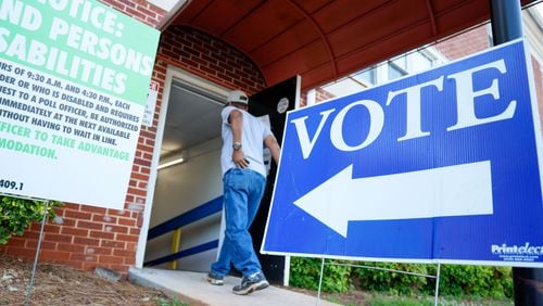 A person enters the Israel Baptist Church in Dekalb County during the Georgia primary elections on Tuesday, May 21, 2024.
(Miguel Martinez / AJC)