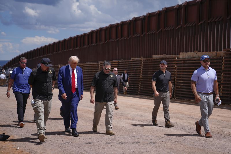 Republican presidential nominee former President Donald Trump tours the southern border with Mexico, Thursday, Aug. 22, 2024, in Sierra Vista, Ariz. (AP Photo/Evan Vucci)