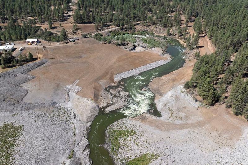 In this 2024 image provided by Swiftwater Films shows water flowing on the Klamath River where the J.C. Boyle Dam once stood near Keno, Ore. (Swiftwater Films via AP)