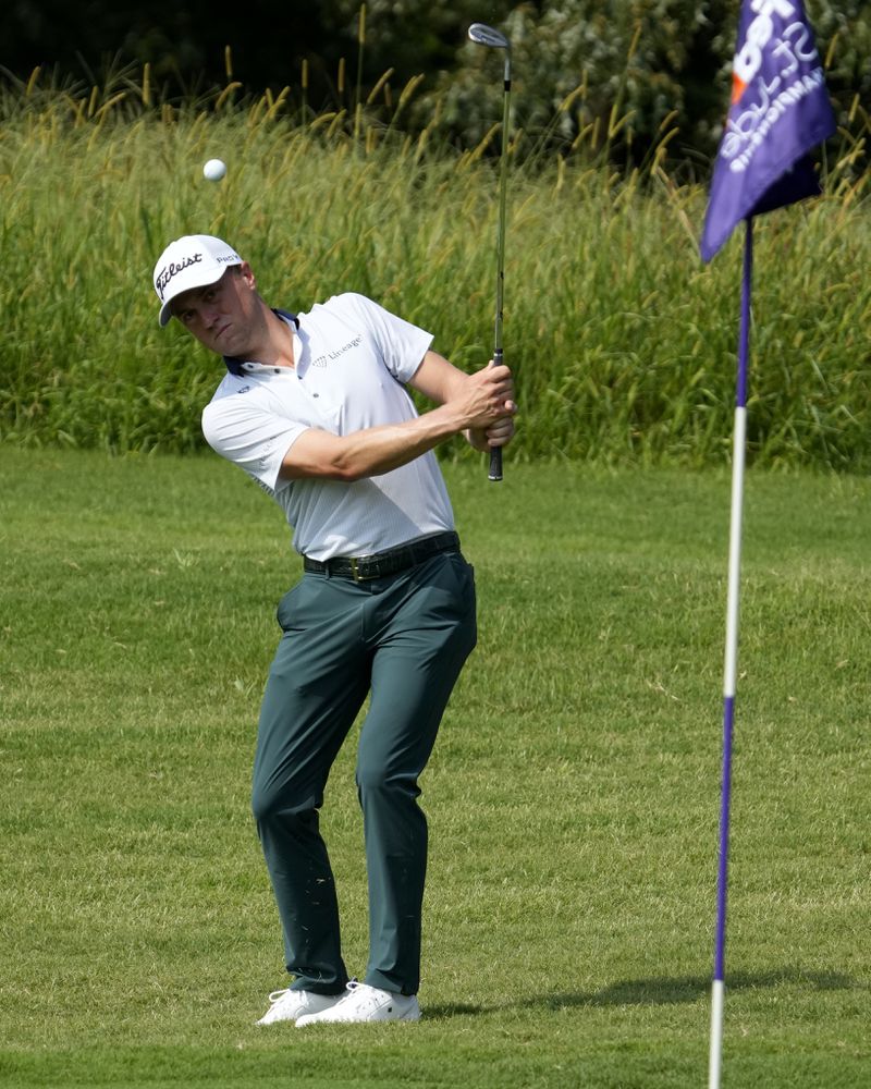 Justin Thomas chips onto the sixth green during the first round of the St. Jude Championship golf tournament Thursday, Aug. 15, 2024, in Memphis, Tenn. (AP Photo/Mark Humphrey)